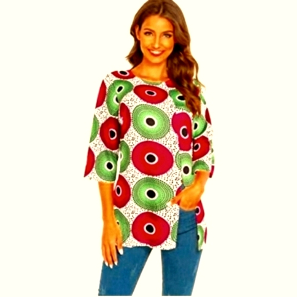 Afibi Print Dashiki Tunic Shirt Top 3/4 Sleeve Scoop Neck Split Hem SizeM Blouse